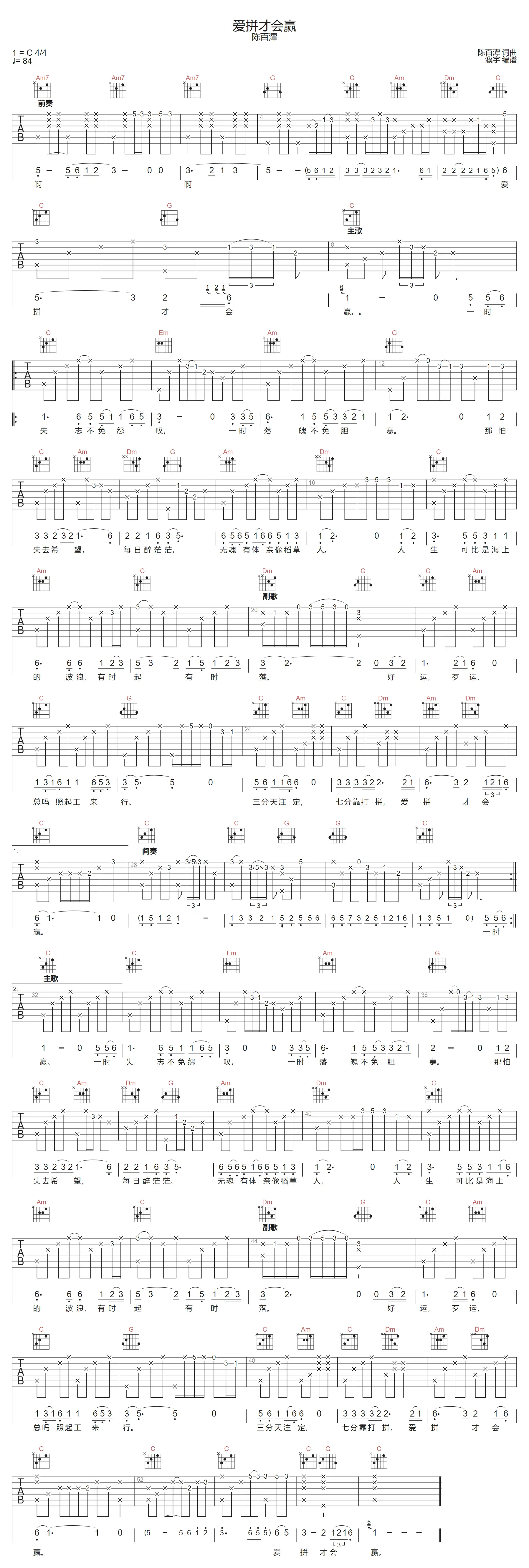 爱拼才会赢吉他谱-陈百潭